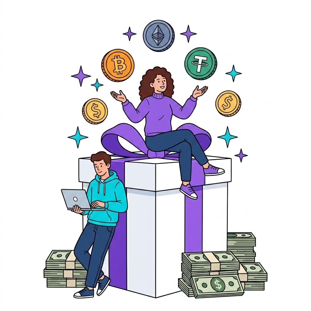 Two characters with a gift box surrounded by floating crypto coins — Bitcoin, Ethereum, and Tether